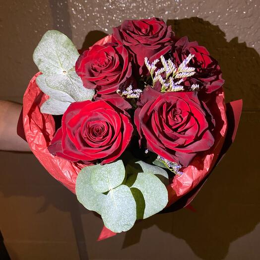 Bouquet with roses and eucalyptus