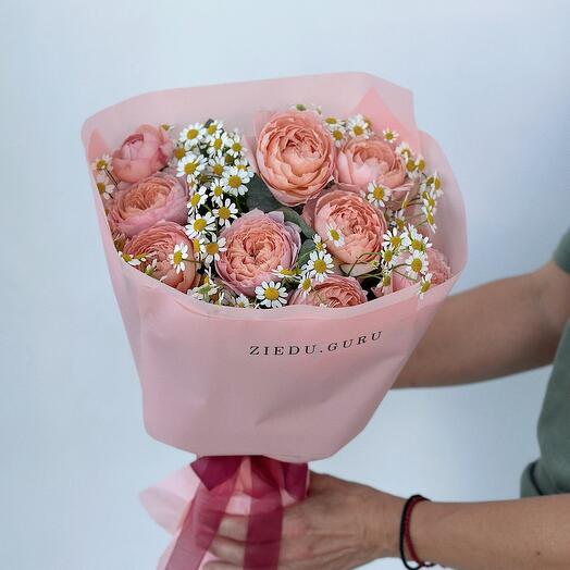 Bouquet with peony roses and daises