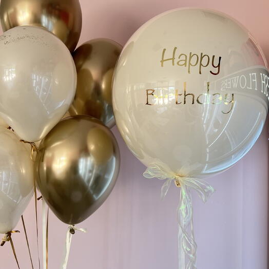 Big Happy Birthday Glass Balloon and mix with gold and cream balloons