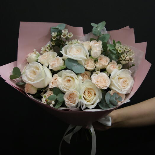 Shrub roses Sophie with Peony roses White OHARA, Wax, eucalyptus