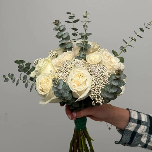 Classic White Bridal Bouquet - Roses, Eucalyptus, Ozothamnus