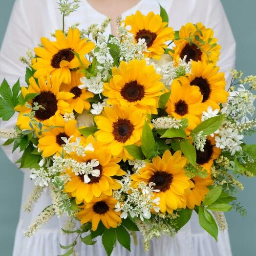 Sunny bouquet with Sunflowers and greenery