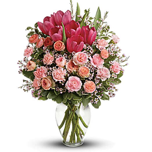 Full Of Love Bouquet (tulips, wax, spray roses, carnation + vase)