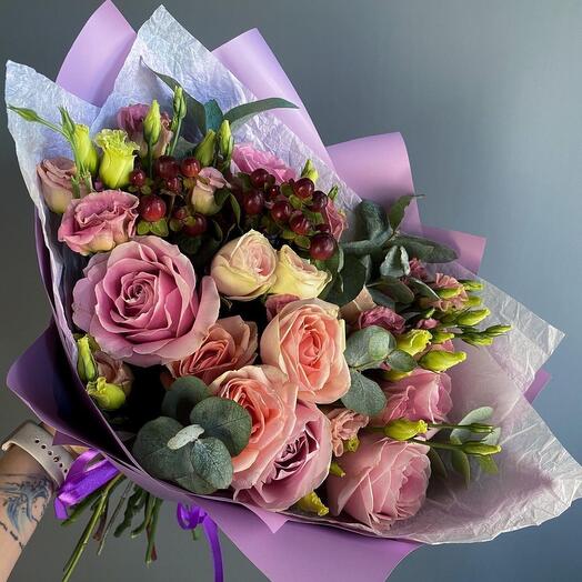 Cherry Berry with roses and eucalyptus