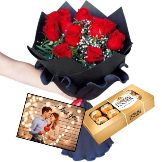 RAMO DE ROSAS CON FOTO TARJETA Y ROCHER X8