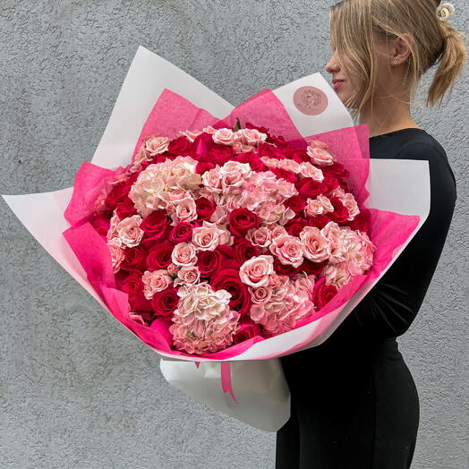 Cherry Blossom Bouquet (pink spray roses, hot pink roses, pink hydrangeas )