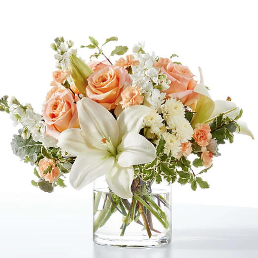 Darling Bouquet (rose, lily, mums, stock + vase)
