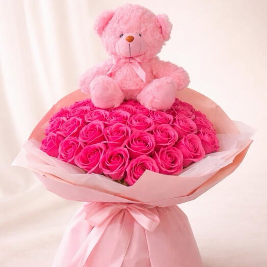 Royal Pink Teddy Bouquet – Premium Silk Roses