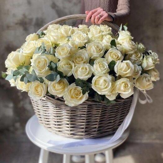 Basket of 125 roses and eucalyptus