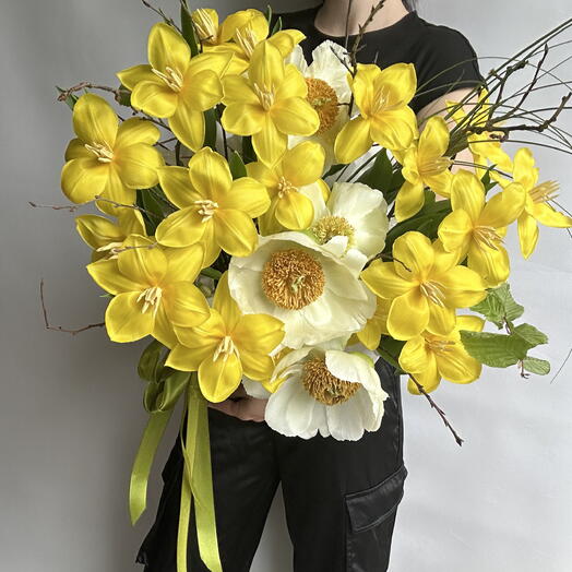 Basket with tulips and peonies