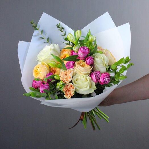 Caramel with white roses, peony spray roses and eucalyptus