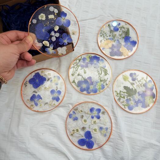 Azure Elegance - Floral Coaster Set of 6