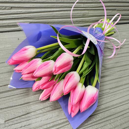 Bouquet of 15 pink tulips in festive packaging