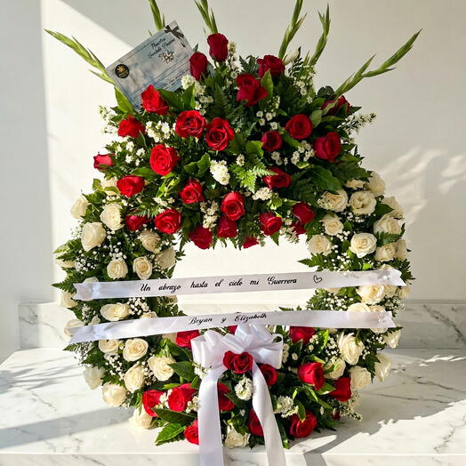 Corona Funebre Premium – Rosas Rojas y Blancas | Arreglo Floral para Funeral en Mexico