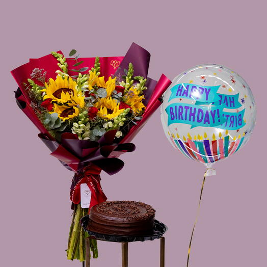 Combo cumpleanos feliz con ramo de girasoles