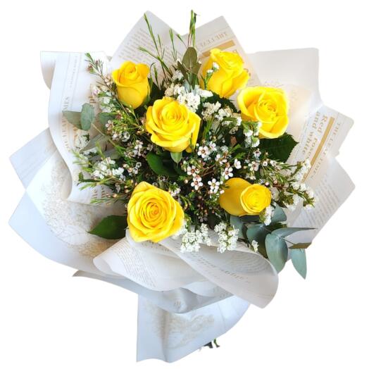 RAMO DE 6 FLORES ROSAS IMPORTADADAS AMARILLAS CON PAPEL COREANO