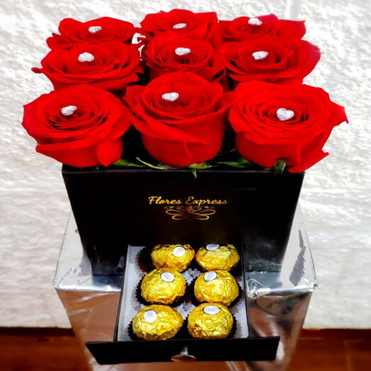 Caja  Rosas Diamante con cajon de Ferrero Rocher