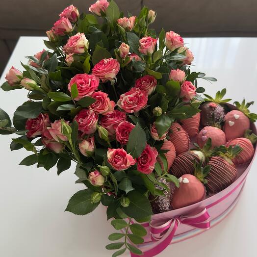 Flowers in a box strawberries in chocolate