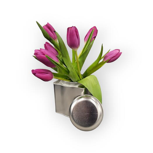 Industrial and modern.  Tulips in a tin