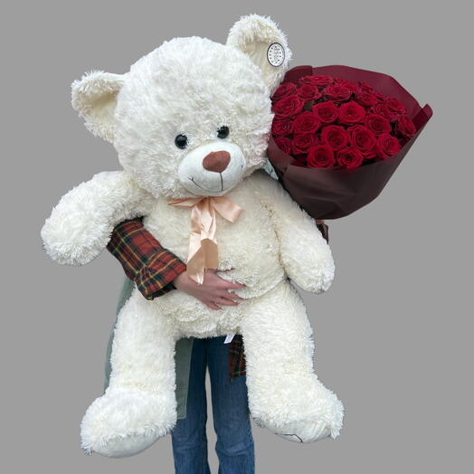 Bouquet Set with 25 Red Roses Plus a Teddy Bear