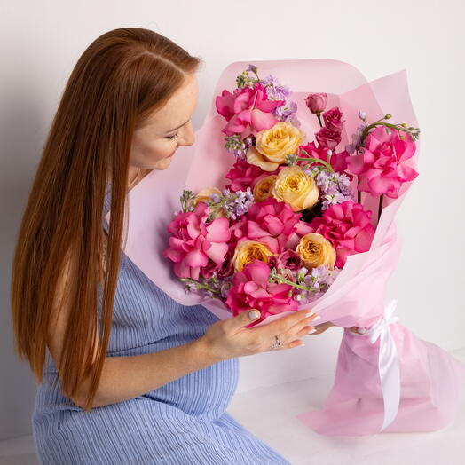 Gentle Voice Bouquet (French pink roses, lavender stocks, pink lisianthus, cream garden roses)