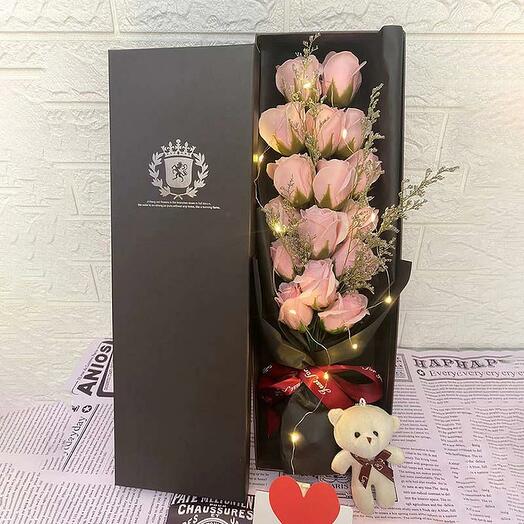 🌼🕯️🐻 Golden Glow Rose Box – 16 Beige Roses with Lights, Teddy   Card 🐻🕯️🌼