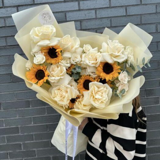 Sunshine Bouquet (White Roses, Sunflowers, Eucalyptus , White Spray Roses)