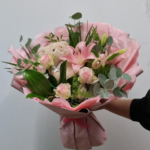 Bukett med stor nalle