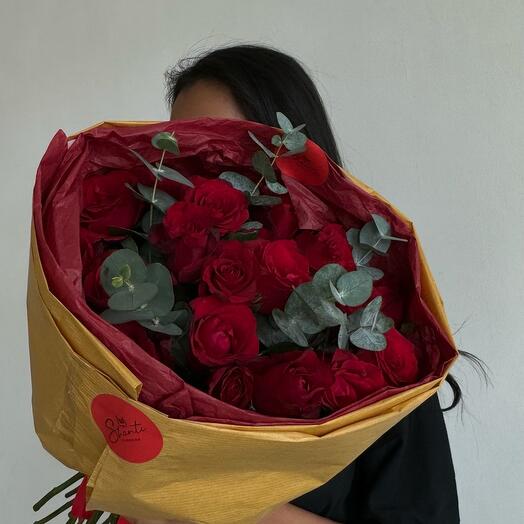 15 Red Roses+ eucalyptus