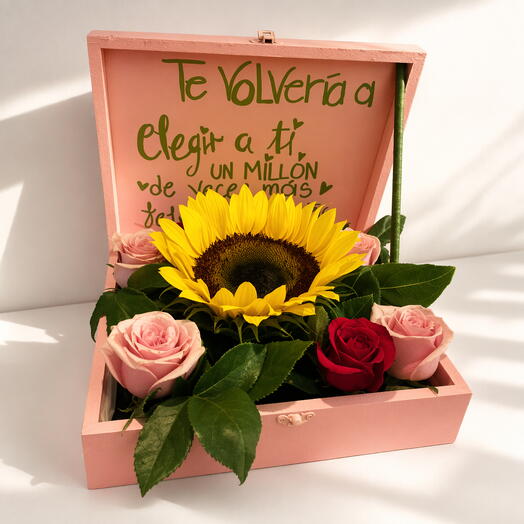 Caja Floral Te Volveria a Elegir con Girasol y Rosas – Regalo Romantico