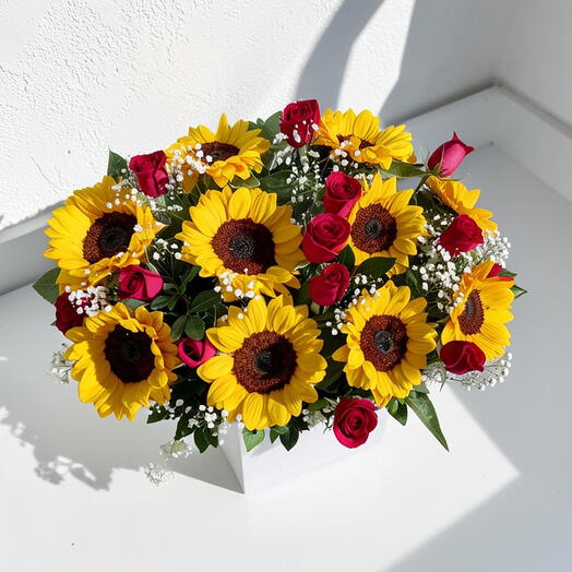 Caja Premium de Girasoles y Rosas Rojas – Arreglo Floral Grande de Lujo