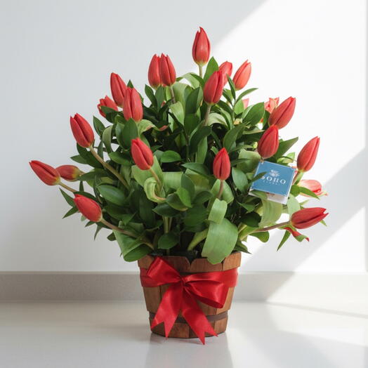 Tulipanes con Amor – Arreglo Floral en Maceta de Madera