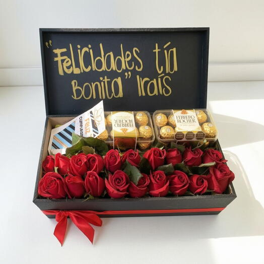 Caja Romantica de Rosas Rojas con Ferrero Rocher – Regalo Premium con Mensaje