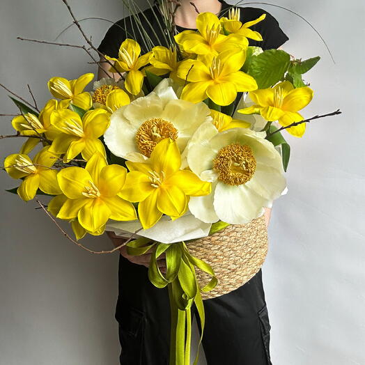 Basket with tulips and peonies «Moonrise»