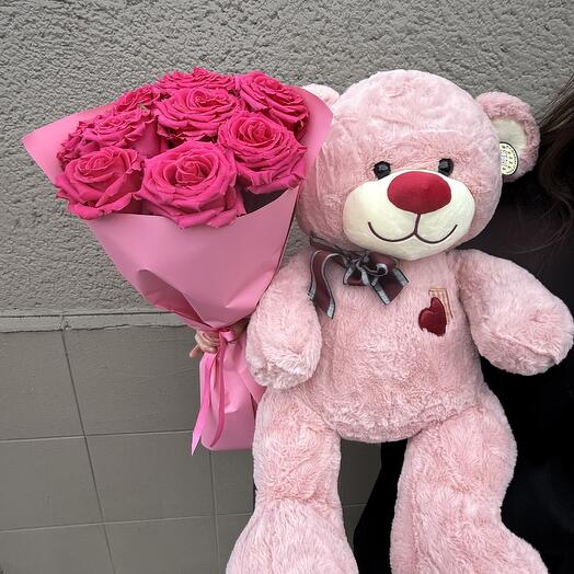 9 roses with Teddy bear