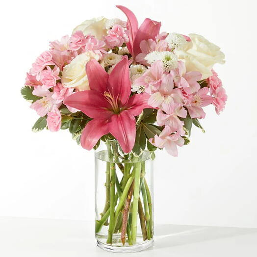 Piece of Cake Bouquet (lily, rose, alstro, mum + vase)