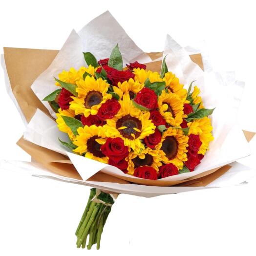 RAMO DE FLORES ROSAS ROJAS Y GIRASOLES XL