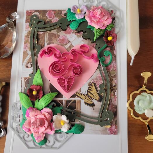 Greeting card  with 3d roses and Quelled  heart