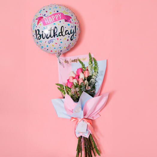 Combo 12 rosas pastel y globo de cumpleanos