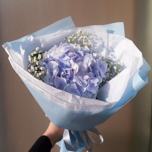 Голубая гортензия в голубом оформлении