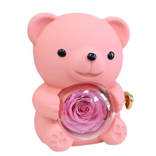 Pink Luxury Teddy Bear Gift Set with Preserved Rose   Stainless Steel Ring