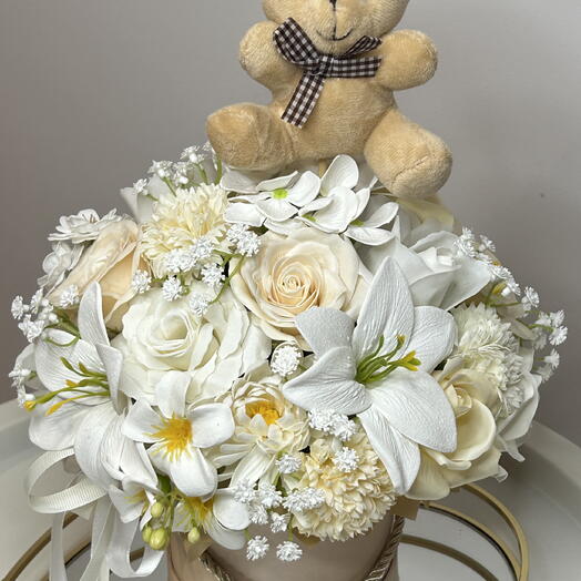 Ramo flores de jabón caja de flores osito fiesta prenatal cumpleaños nacimiento del bebé