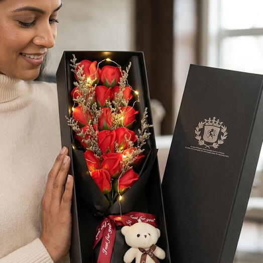 🌹 Romantic Rose Gift Box with LED Light   Teddy Bear – 11 Beautiful Blooms 💕