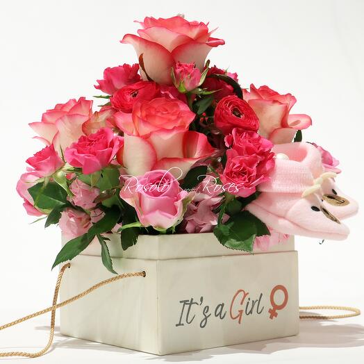 Baby Girl Box, filled with beautiful Flowers, all in pink and hot pink