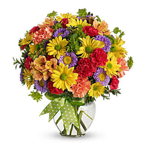 Make a Wish (Bright carnation, mums, also + vase)