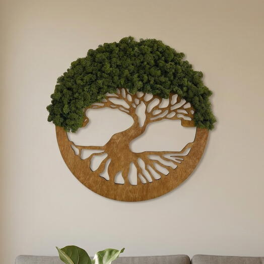 Tree of Life Wall Art with Preserved Moss -  Wooden Round Panel, Handmade Nature Decor