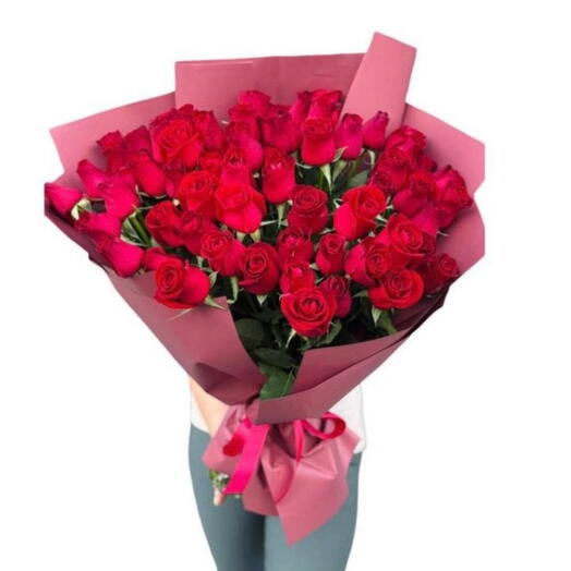 A bouquet of 61 tall red roses