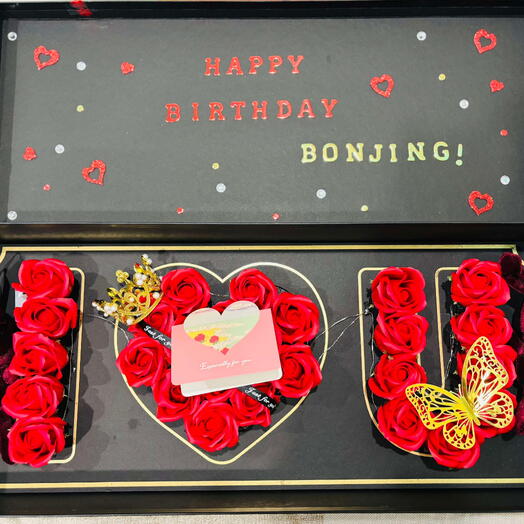 Customized Rose Box with LED Lights  Crown, Butterfly and a Customized Message on Greeting Card- Perfect Personalized Gift