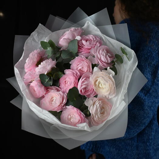 Mono Bouquet with Ranunculus and Eucalyptus