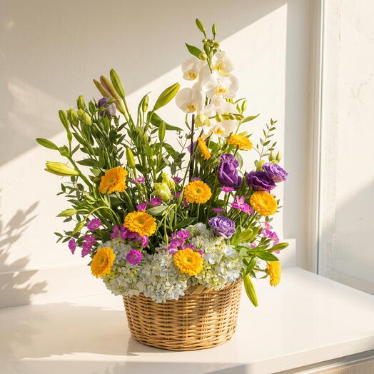 Canasta Eterno Romance – Arreglo Floral Premium con Orquidea y Lisianthus | Flores Elegantes en Canasta en Mexico